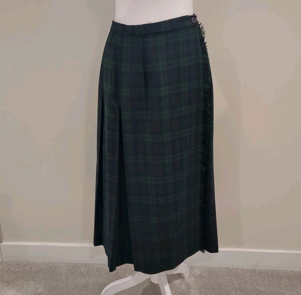 Vtg Lands' End Womens 10 Blue Plaid Preppy Wool Pleated Midi Wrap Skirt USA